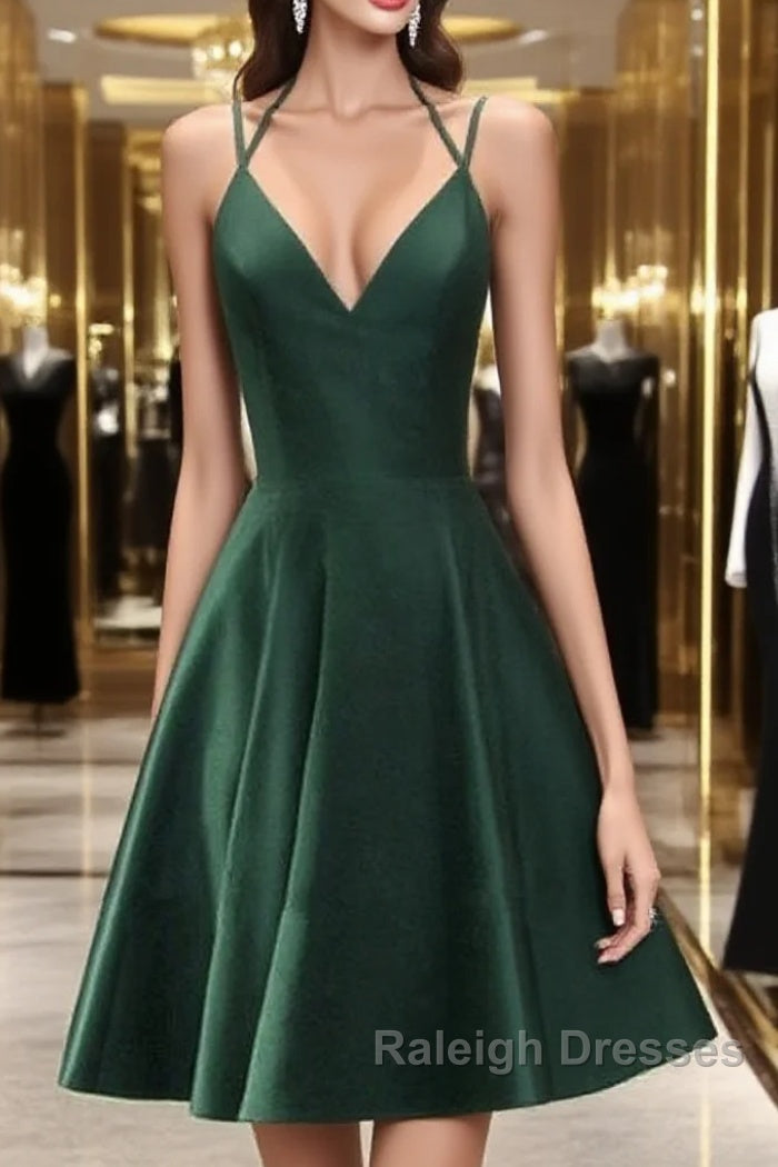 Green Halter Short Satin Long Prom Dresses Green Homecoming Dress Short Prom Dresses Main image