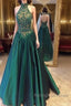 Green High Neck Long Prom Dress, Green Evening Dress
