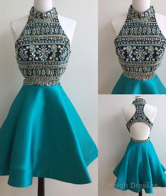 Green High Neck Rhinestones Short Prom Dress, Cute Homecoming Dress Main image