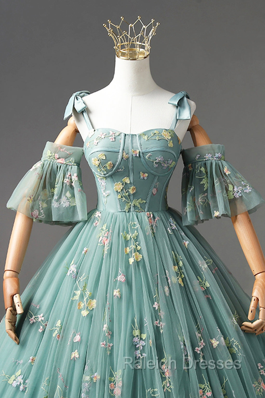 Green Lace Long A Line Formal Dress, Spaghetti Strap Prom Gowns