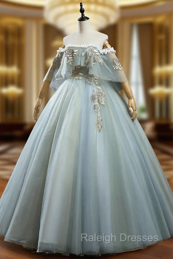 Green Lace Long A Line Off the Shoulder Prom Dresseses