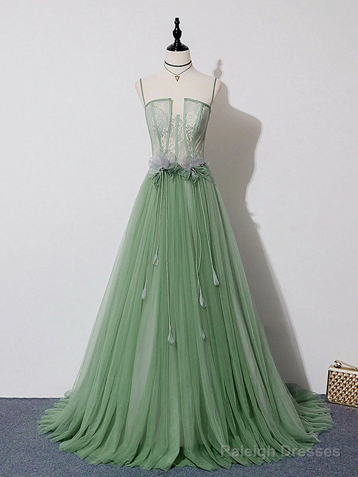 Green Lace Long Prom Dresses, Green Lace Long Formal Graduation Dresses