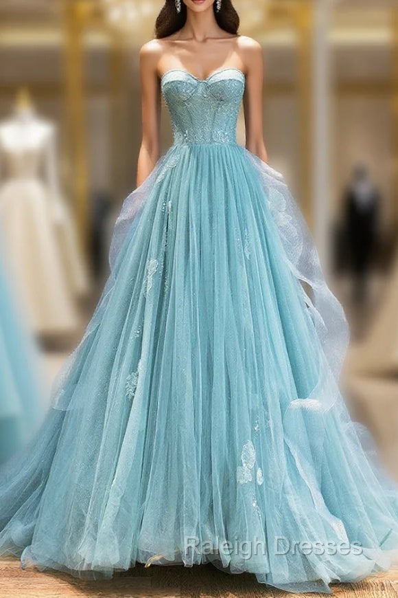 Green Lace Tulle A-Line Long Formal Dress, Green Strapless Evening Dress