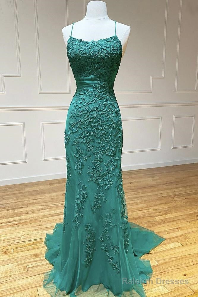 Green Lace Tulle Spaghetti Strap Long Mermaid Prom Dresses Crystal Graduation School Party Gown Main image