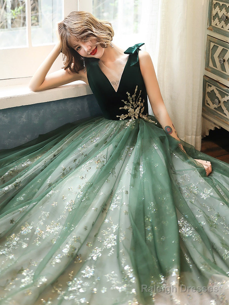 Green Lace Tulle V-Neckline A-Line Prom Dress, Green Floor Length Party Dress