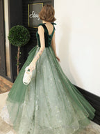 Green Lace Tulle V-Neckline A-Line Prom Dresses Green Floor Length Prom Dresses