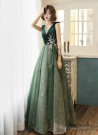 Green Lace Tulle V-Neckline A-Line Prom Dresses Green Floor Length Prom Dresses