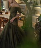 Green Beautiful Elegant Long Tulle Off-Shoulder Ball Gown Evening Dress