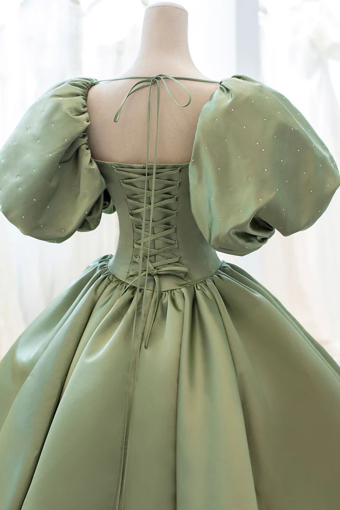 Green Sweet Elegant A-Line Long Satin Short Sleeves Prom Dress Evening Dress Birthday Dress Graduation Dress