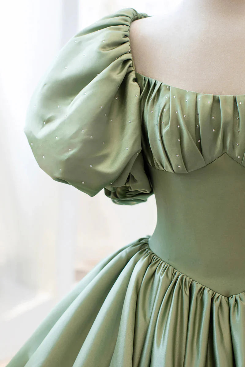 Green Sweet Elegant A-Line Long Satin Short Sleeves Prom Dress Evening Dress Birthday Dress Graduation Dress