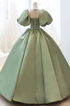 Green Sweet Elegant A-Line Long Satin Short Sleeves Prom Dress Evening Dress Birthday Dress Graduation Dress