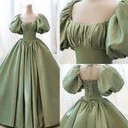 Green Sweet Elegant A-Line Long Satin Short Sleeves Prom Dress Evening Dress Birthday Dress Graduation Dress