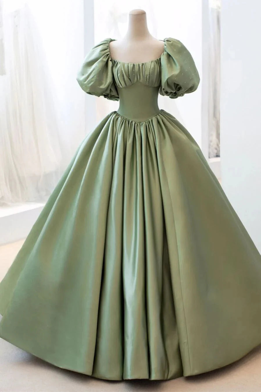 Green Sweet Elegant A-Line Long Satin Short Sleeves Prom Dress Evening Dress Birthday Dress Graduation Dress Main image