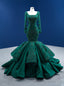 Green Long Sleeve Square Appliques Beading Prom Dress