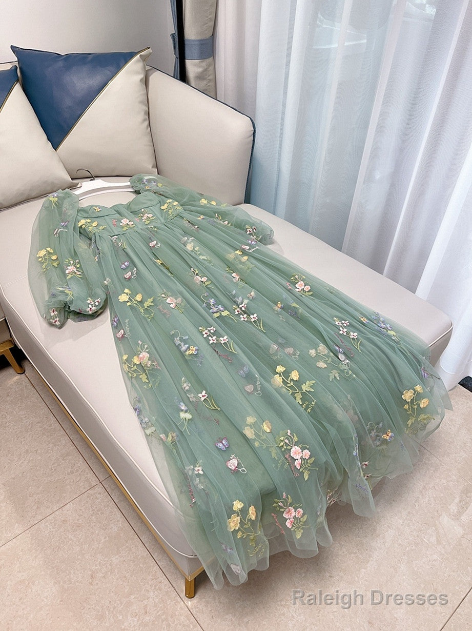 Green Long Sleeves Floral Tulle A-Line Prom Dress, Green Evening Dress