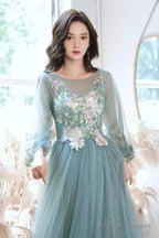 Green Long Sleeves With Lace Flowers Prom Dress, A-Line Tulle Formal Dress