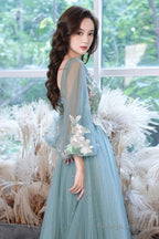 Green Long Sleeves With Lace Flowers Prom Dress, A-Line Tulle Formal Dress