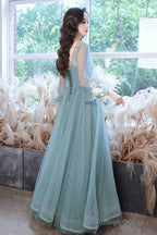 Green Long Sleeves With Lace Flowers Prom Dresses A-Line Tulle Prom Dresses