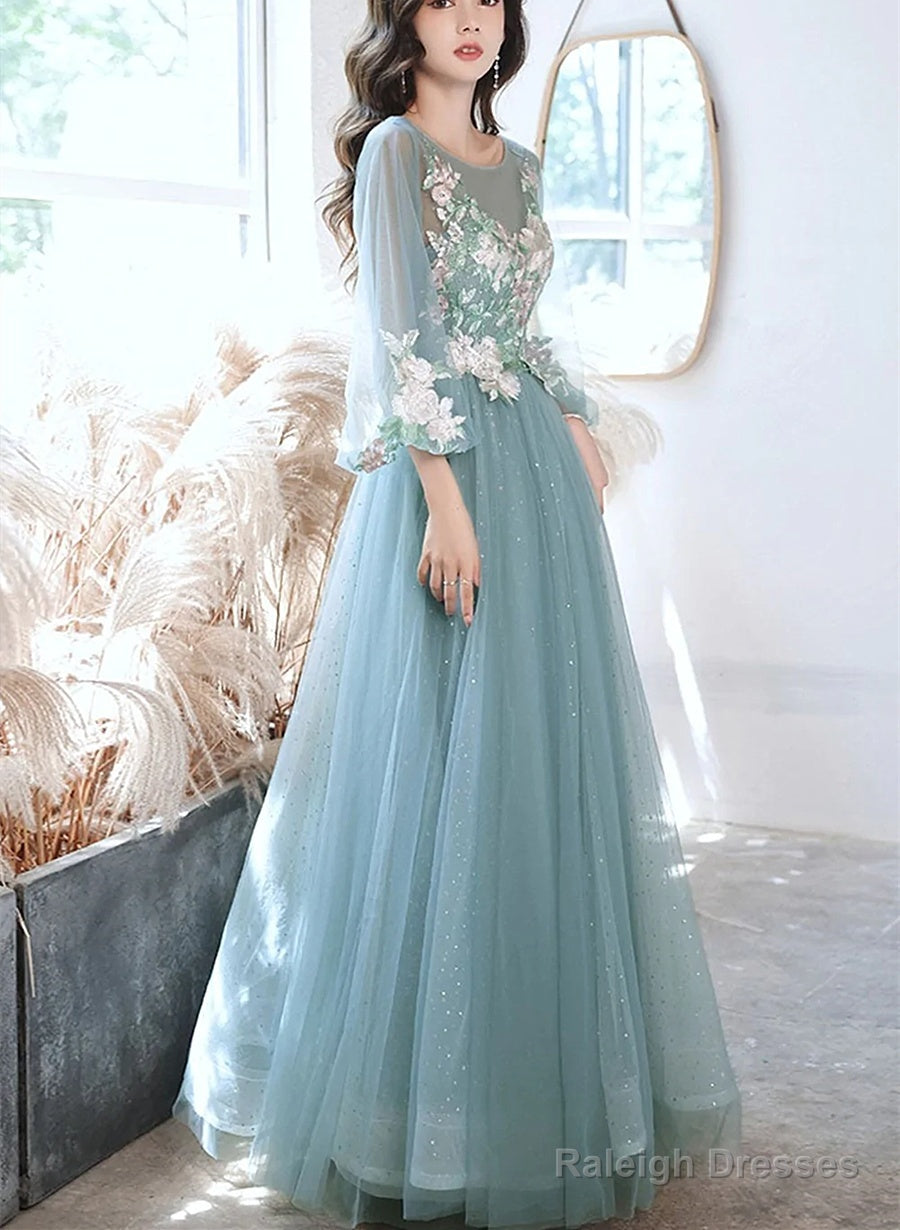 Green Long Sleeves With Lace Flowers Prom Dress, A-Line Tulle Formal Dress Main image