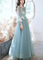 Green Long Sleeves With Lace Flowers Prom Dresses A-Line Tulle Prom Dresses