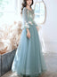 Green Long Sleeves With Lace Flowers Prom Dresses A-Line Tulle Prom Dresses