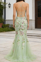 Green Mermaid Halter Corset Appliqued Prom Dresses Long With Slit