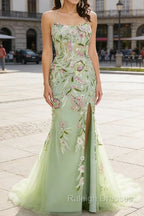 Green Mermaid Halter Corset Appliqued Prom Dresses Long With Slit