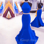 Green Mermaid Halter Prom Dresses Satin Open Back