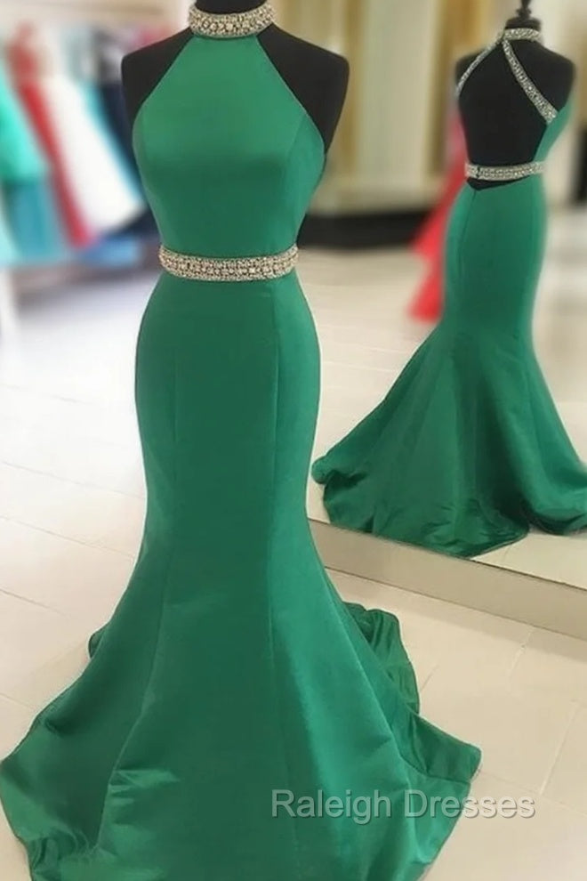 Green Mermaid Halter Prom Dresses Satin Open Back Main image
