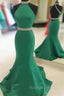 Green Mermaid Halter Prom Dresses Satin Open Back