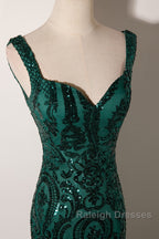 Green Mermaid Long Straps Sequins Long Prom Dress, Green Mermaid Evening Dress
