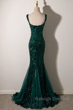 Green Mermaid Long Straps Sequins Long Prom Dress, Green Mermaid Evening Dress