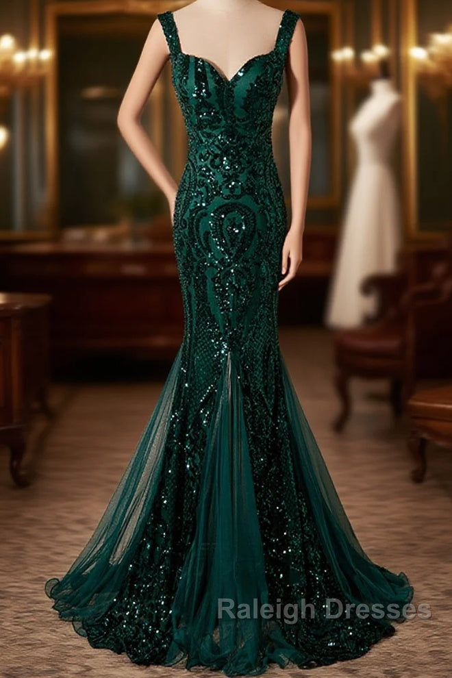 Green Mermaid Long Straps Sequins Long Prom Dress, Green Mermaid Evening Dress Main image