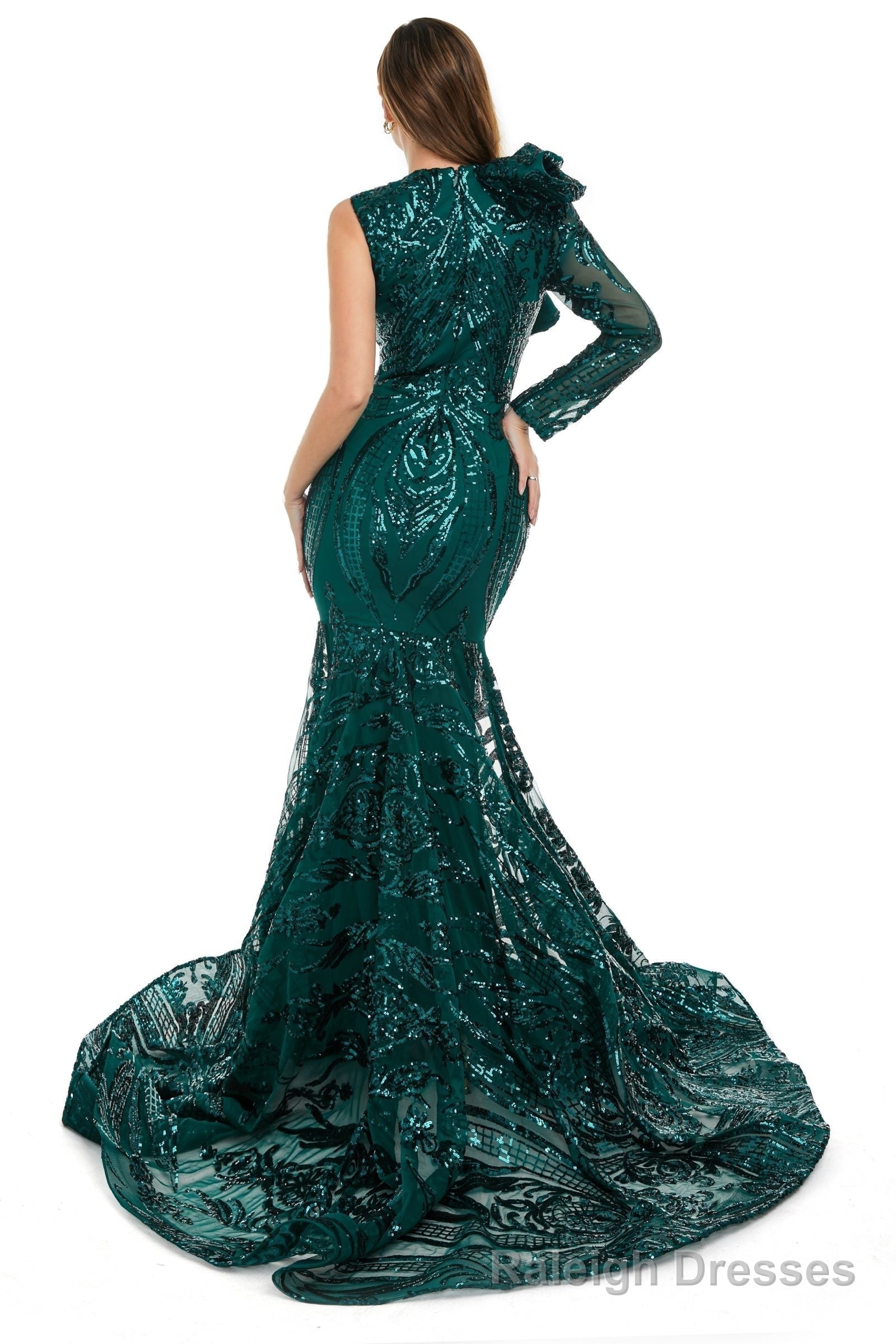 Black Mermaid One Sleeve Prom Dresses Sequined Lace Jewel Ruffles Prom Prom Dress with Appliques