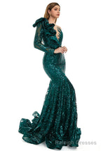 Silver Mermaid One Sleeve Prom Dresses Sequined Lace Jewel Ruffles Evening Party Dress with Appliques