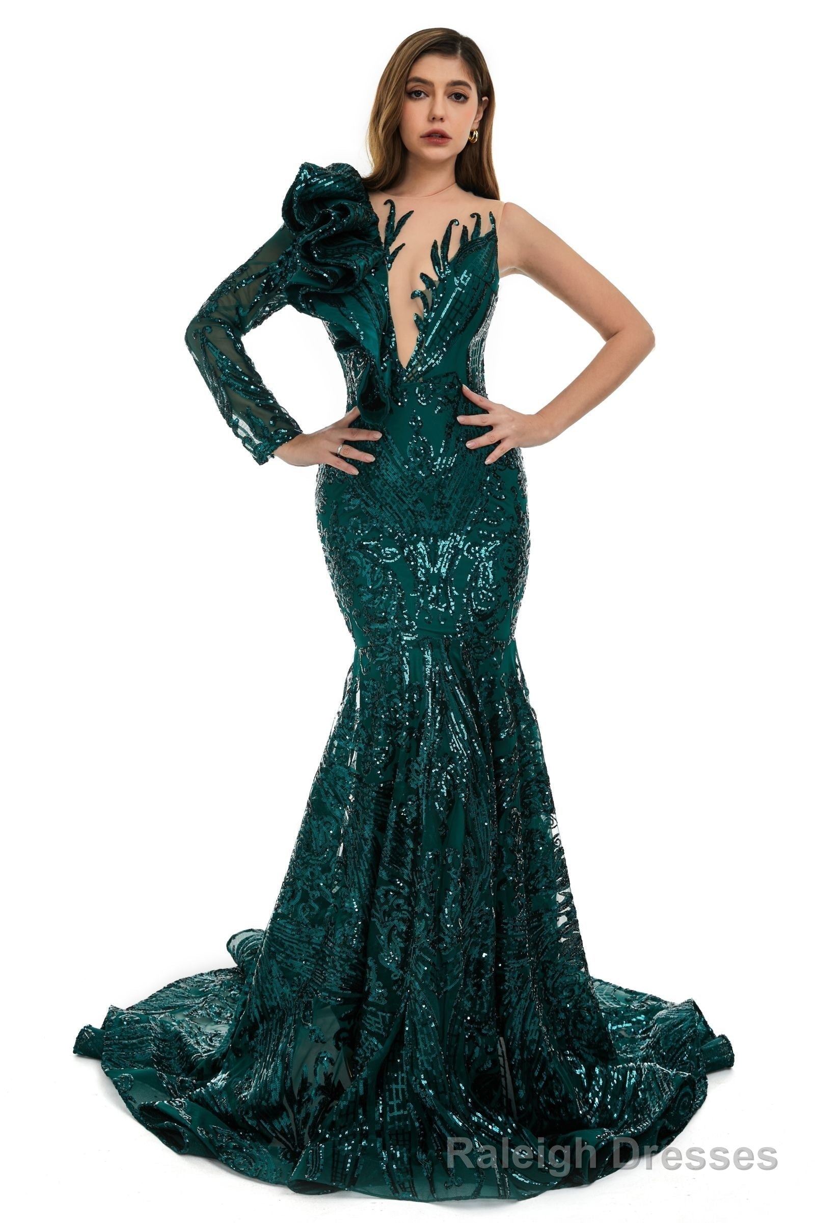 Silver Mermaid One Sleeve Prom Dresses Sequined Lace Jewel Ruffles Prom Prom Dress with Appliques