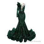 Turquoise Green Mermaid One Sleeve Prom Dresses Sequined Lace Jewel Ruffles Evening Party Dress with Appliques