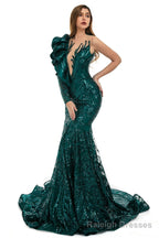 Black Mermaid One Sleeve Prom Dresses Sequined Lace Jewel Ruffles Prom Prom Dress with Appliques
