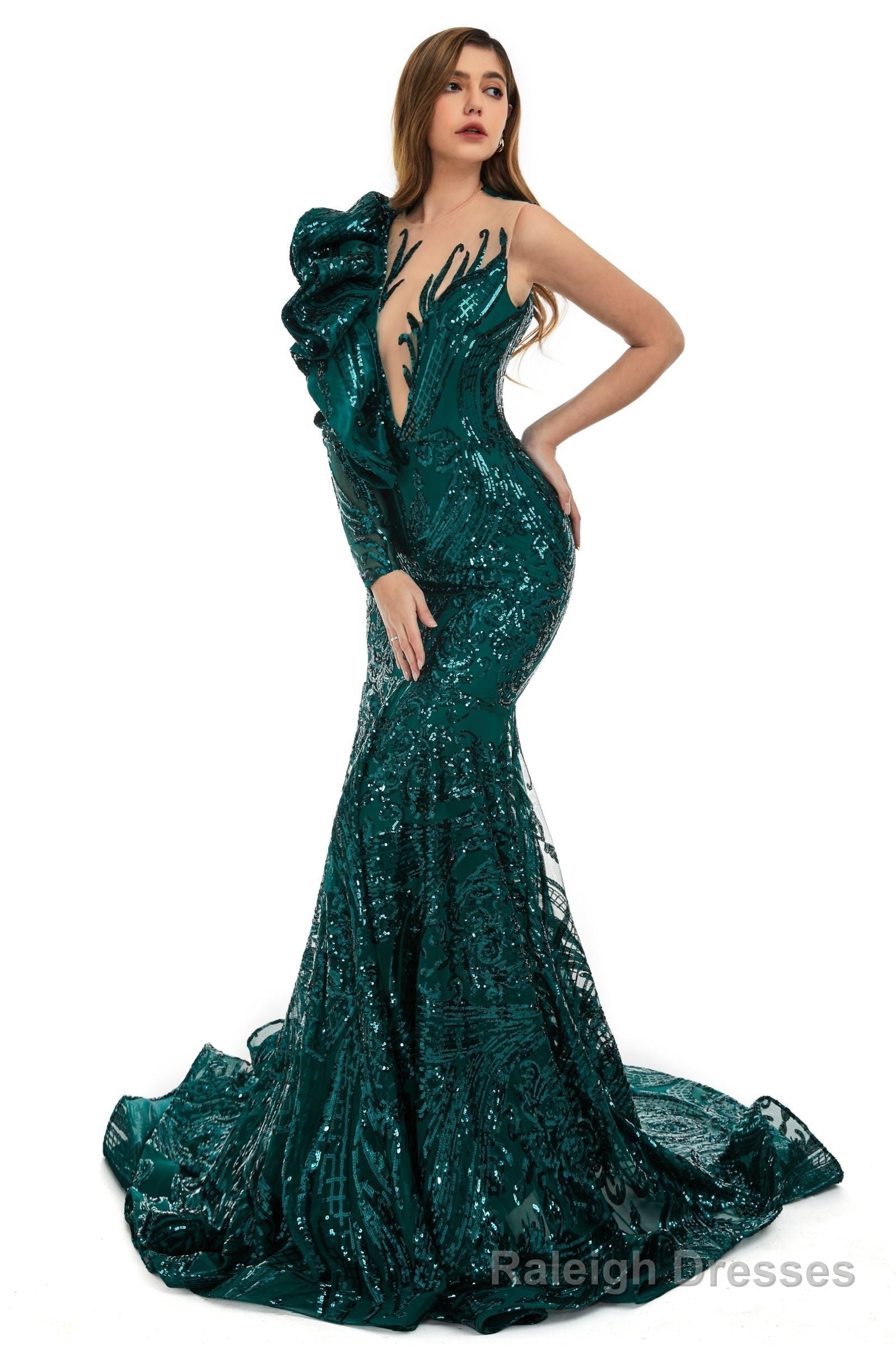 Black Mermaid One Sleeve Prom Dresses Sequined Lace Jewel Ruffles Prom Prom Dress with Appliques