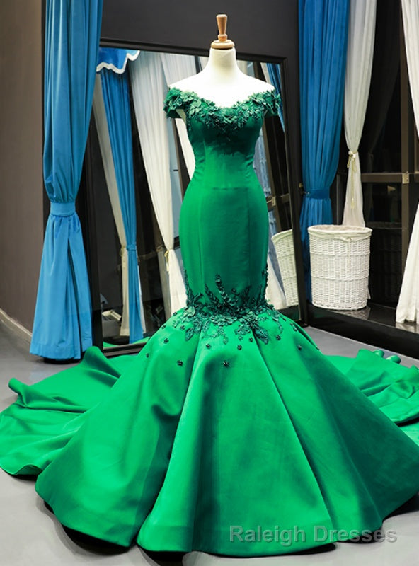 Green Mermaid Satin Off the Shoulder Appliques Prom Dress With Train Main image