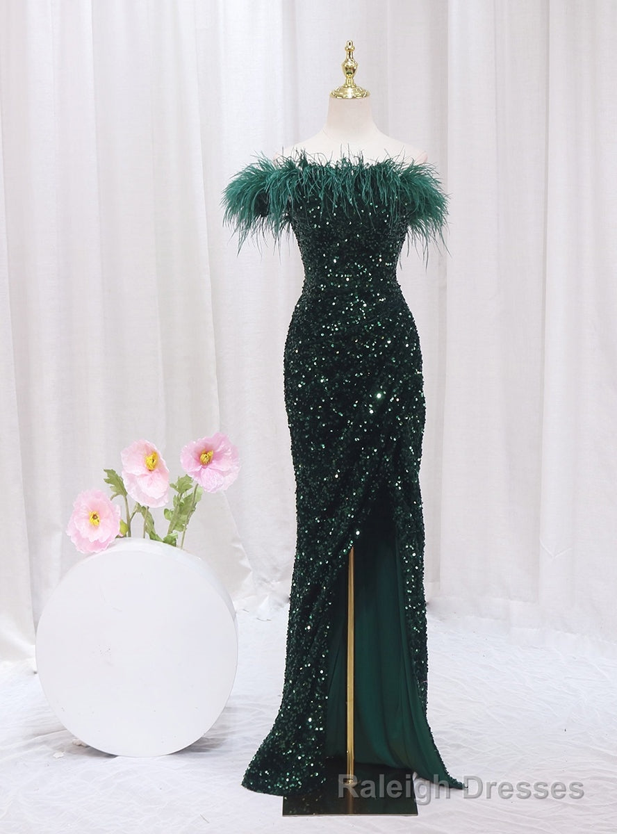 Green Mermaid Sequins One Shoulder Feather Prom Dress