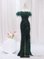 Green Mermaid Sequins One Shoulder Feather Prom Dress