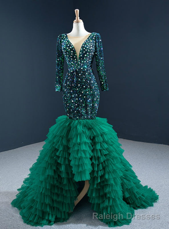 Green Mermaid Sequins Tulle Long Sleeve  Crystal Prom Dress Main image
