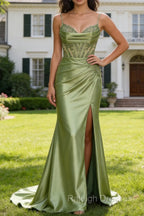 Green Mermaid Spaghetti Straps Pleated Corset Prom Dresses