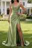 Green Mermaid Spaghetti Straps Pleated Corset Prom Dresses
