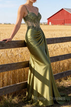 Green Mermaid Spaghetti Straps Pleated Long Corset Satin Prom Dresses With Slit