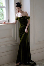 Green Mermaid Sweetheart Off Shoulder Formal Dress, Green Velvet Prom Dress
