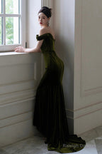 Green Mermaid Sweetheart Off Shoulder Formal Dress, Green Velvet Prom Dress