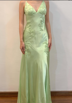 Green Mermaid V Neck Appliques Satin Open Back Prom Dresses Long Outfits