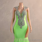 Green Mermaid V-NECK Prom Dresses Sequined Open Back Sleeveless Lace Crystal Formal Evening Party Gowns